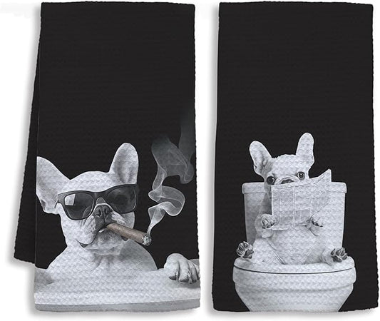 Funny French Bulldog Bathroom Hand Towels, Frenchie Gifts for Women Men, Dog Mom Dad Gifts Hand Towels for Bath Room Washroom, Dog Bathroom Decor, 16x24 Inch Set of 2