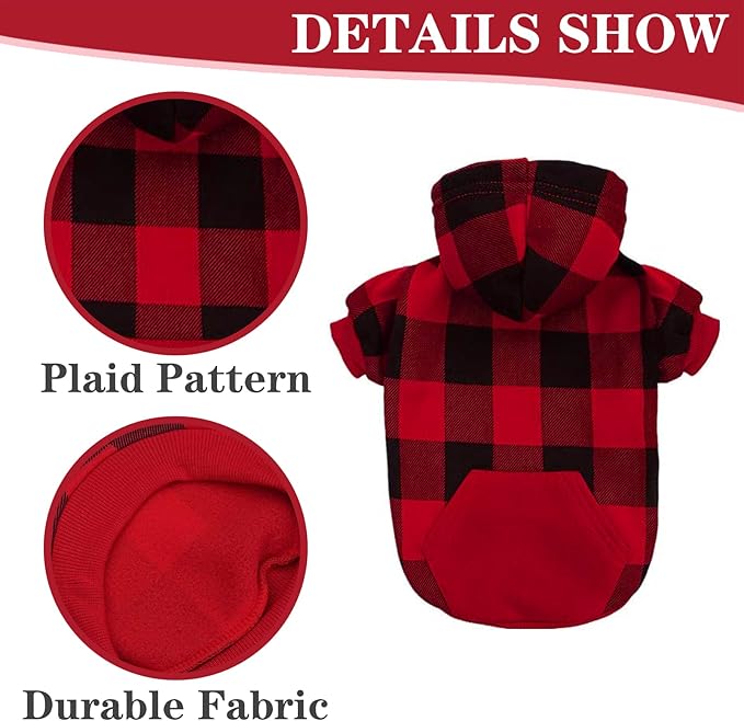 EXPAWLORER Plaid Dog Hoodie - British Style Warm Dog Sweater Shirt with Leash Hole,Pitbull Clothes Outfits,Winter Coat Apparel for All Breeds Puppy Girl Boy-Cat Apparel,Buffalo Check X-Small