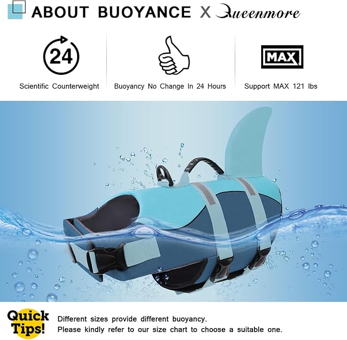Queenmore Dog Life Jacket High Flotation, Reflective Dog Life Vest for Swimming, Adjustable Dogs Life Preserver Rescue Handle Spring Summer Pool for Small, Medium, Large Dogs (Ocean Blue,S)