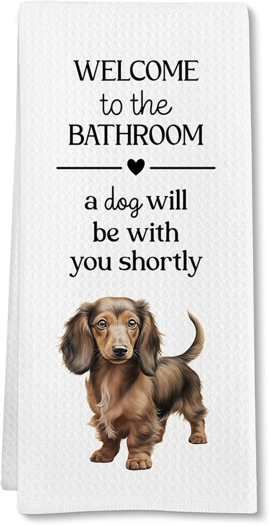 Funny Long Haired Dachshund Dog Hand Towels, Dachshund Gifts for Women Hand Towel, A Dog Will Be with You Shortly Decorative Towels Bath Towel for Bathroom, Funny Puppy Bathroom Decor, 16x24in