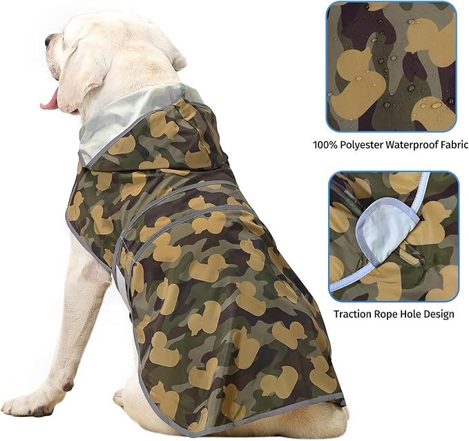 Dog Raincoat for Large Dogs Waterproof Jacket Hooded Rain Coats with Reflective Strips Leash Hole & Poncho Adjustable Fit (CamoDuck,XL)