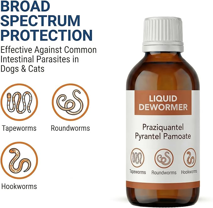 Liquid DeWormer for Dogs & Cats, Praziquantel & Pyrantel Pamoate, Targets Tapeworm, Roundworm & Hookworm, Dewormer for Puppies(6-25 lbs) & Kittens, Broad Spectrum - 100mL