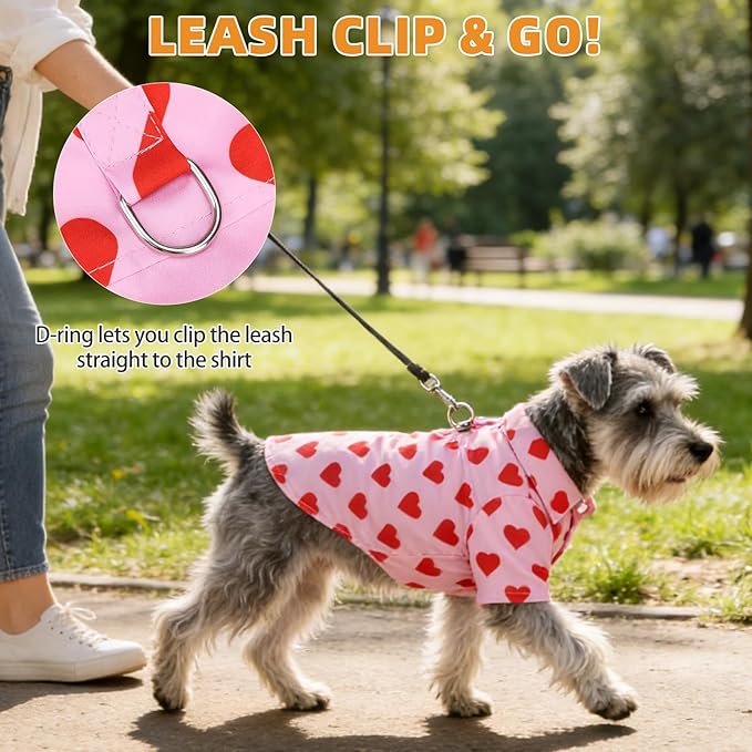 KOOLTAIL Valentine's Dog Shirt with Leash D-Ring, Soft Pet Botton Up Clothes for Small Medium Dogs, Breathable Heart Partten Puppy Polo Outfit with Sun & Insect Protection,Indoor Outdoor, Boy Girl, M