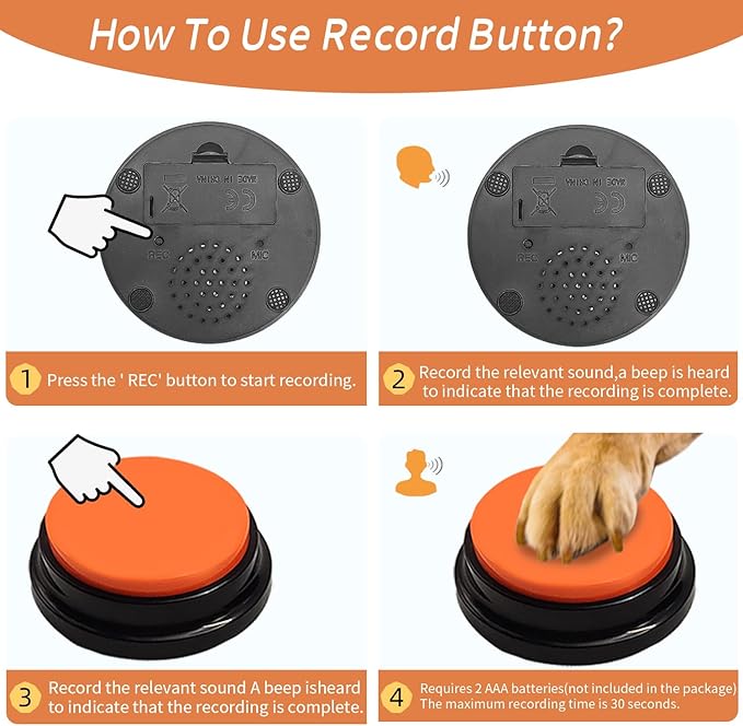 4-Piece Dog Talking Button Set, Dog Button for Communication, 30-Second Recordable Voice Pet Buzzer Training Button, Dog Button with Waterproof Non-Slip Pad and 50 Dog Training Stickers