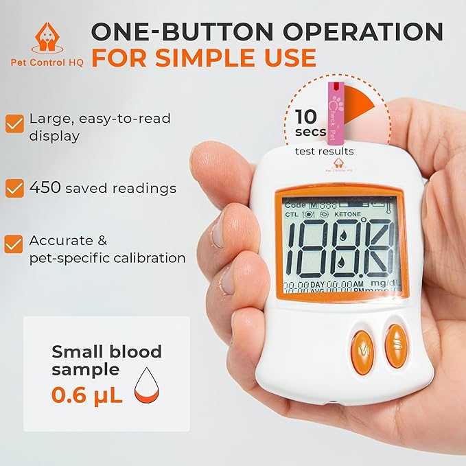 Pet Blood Glucose Monitor for Dogs & Cats – Pet Glucose Monitoring Kit Vet-Calibrated Dual Code-Chip System, 10-Second Results, 0.6µL Sample, 50 Test Strips, Complete Home Diabetes Testing
