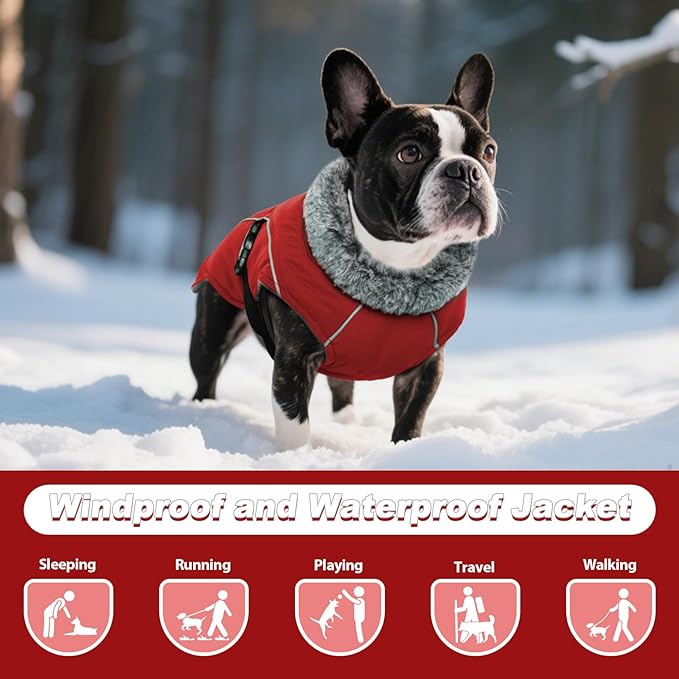 DENTRUN Winter Warm Dog Coat Reflective Jacket with Turtleneck for Cold Weather, Adjustable Buckle Windproof Water Repellent, Thick Snowsuit Fleece Vest for Small, Medium, Large Dogs, Red, XXXL