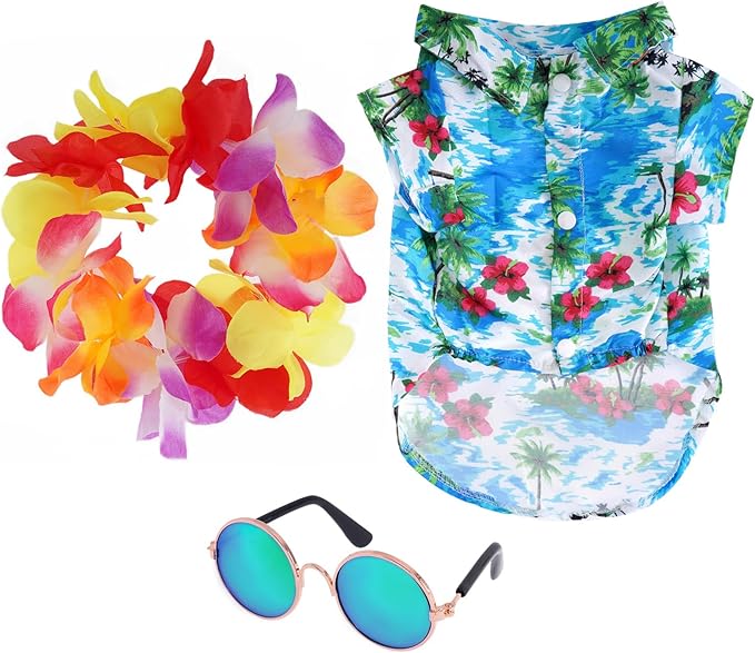 3 Pieces Pet Hawaiian Costume Summer Shirts Sunglasses and Wreath for Small Dog Cat Halloween Holiday Costume