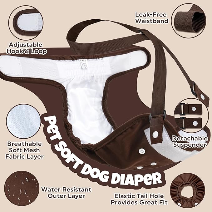 Pet Soft Dog Diapers Female with Suspenders, 3 Pack Reusable Female Dog Diapers for Heat, Dog Period Panties for Doggie in Cycle(X-Small, Bear Brown)