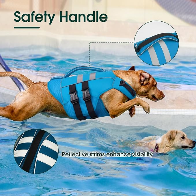 Kuoser Dog Life Jacket Large, High Flotation Puppy Water Vest for Swimming Boating, Reflective Doggie Swim Vest Pet Life Preserver with Rescue Handle, Blue L