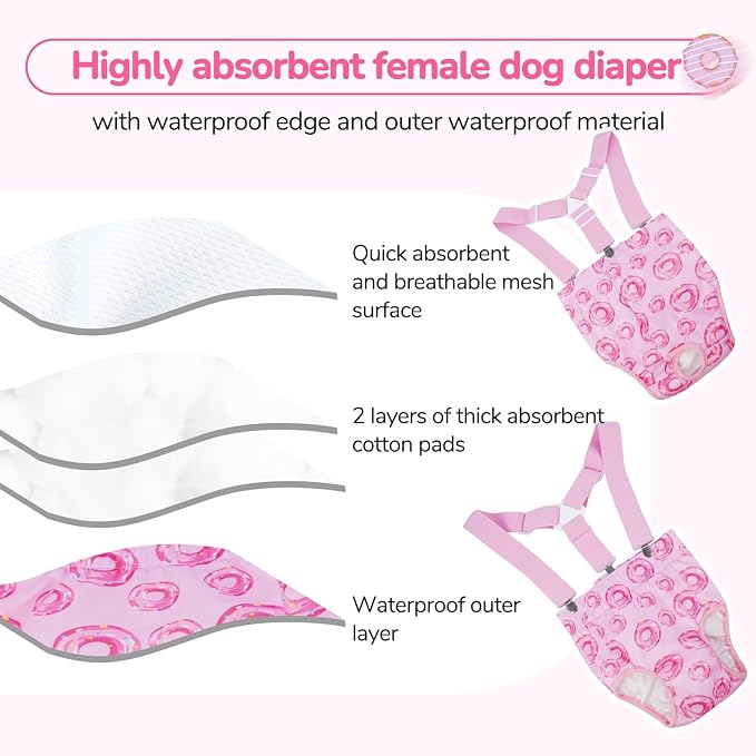 Extra Large Dog Diapers Female, Reusable Large Dog Diapers Female with Suspender,Washable Highly Absorbent Doggie Diaper in Heat Cycle Period Incontinence, Beagle, Collie (Pink XL)