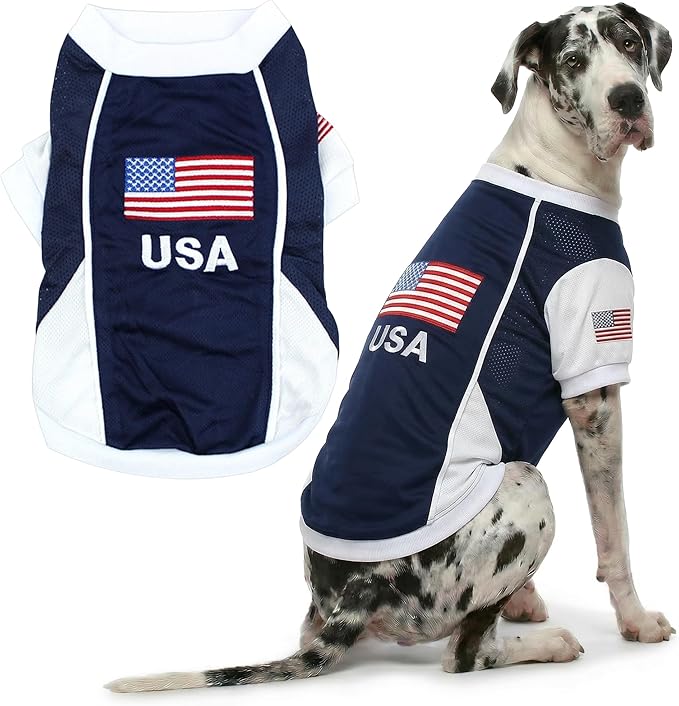 Parisian USA Dog Jersey - Breathable Mesh Puppy Football Jersey - Lightweight Stretch Sporty Dog Clothes - Summer Shirts for Large Dogs - Soccer Jersey for Dogs - Sportswear Pet Clothes