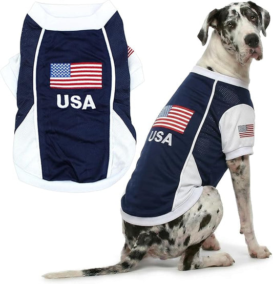 Parisian USA Dog Jersey - Breathable Mesh Puppy Football Jersey - Lightweight Stretch Sporty Dog Clothes - Summer Shirts for Large Dogs - Soccer Jersey for Dogs - Sportswear Pet Clothes