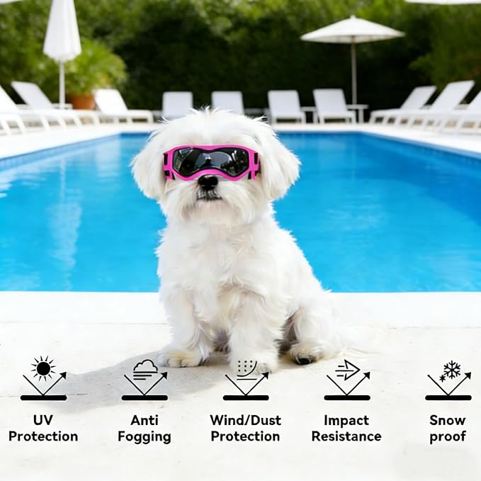 Enjoying Dog Sunglasses Small Breed, Dog Goggles UV Protection, Cycling Eye Protection for Small Dogs, Outdoors Breathable Windproof Dustproof Anti-Fog, Adjustable Straps, Cool Pink