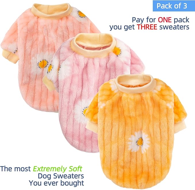 FabriCastle Small Dog Sweaters, 3-Pack Dog Clothes, Soft and Warm Pet Jackets XXS XS S for Dogs Girl & Cats, Winter Pet Apparel Costumes, Female Puppy Outfits for Christmas (Pink,violet,yellow, Small)