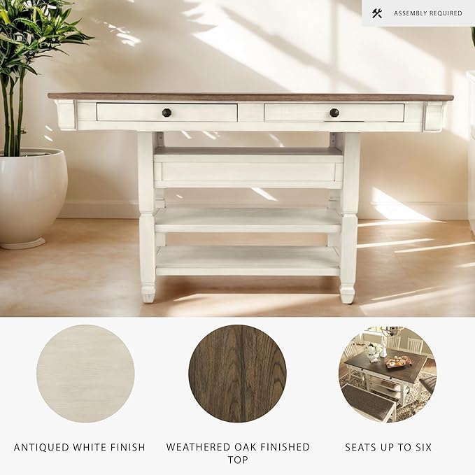 Signature Design by Ashley Bolanburg Rectangular Counter Dining Room Table, 4 Drawers, Seats 6, Storage Rack, Wood, 60" W x 40" D x 36" H, White & Brown