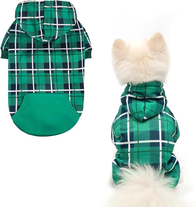 EXPAWLORER Plaid Dog Hoodie - British Style Warm Dog Sweater Shirt with Leash Hole,Pitbull Clothes Outfits,Winter Coat Apparel for All Breeds Puppy Girl Boy-Cat Apparel,Green Small