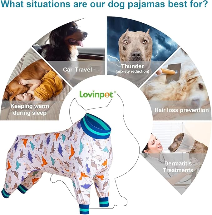 LovinPet Pitbull Pajamas for Dogs XXL Undershirt for Dog Hoodies,Dog Pajamas, Lightweight Stretchy Fabric,White Slate Mint Dinosaur Print,Uv Protection,Medium