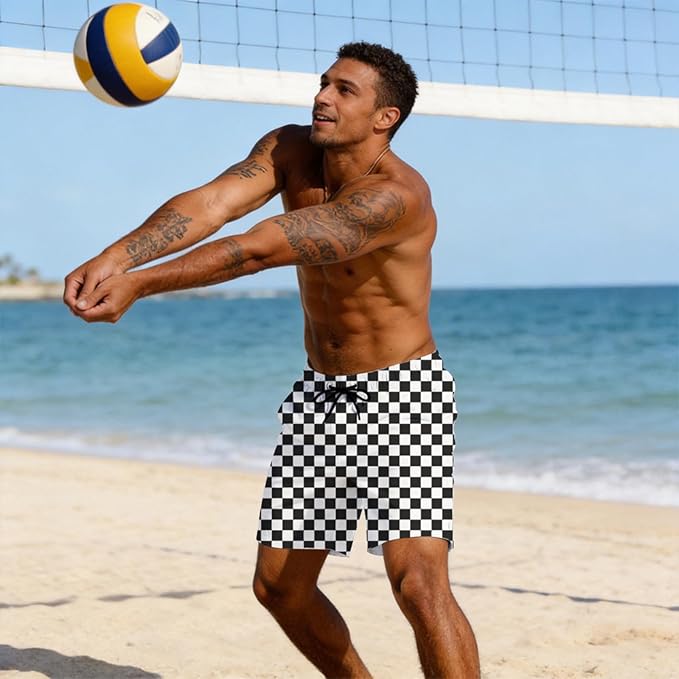 Mens Swim Trunks with Compression Liner Quick Dry Zipper Pocket Bathing