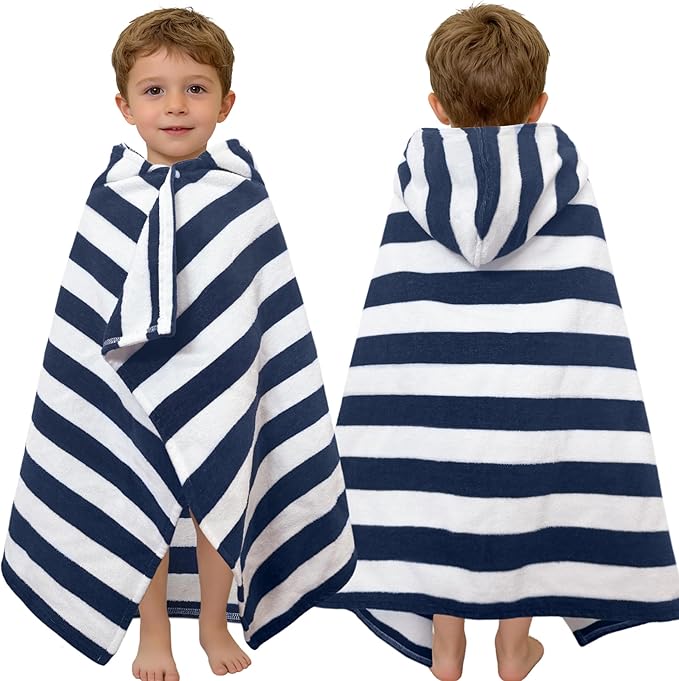 VOOVA & MOVAS Toddler Hooded Bath Towels 0-3T, 25''X40, Soft | Thick | 100% Cotton | Absorbent Towel Wrap for Baby, Perfect for Beach, Pool, Bath, Swimming,Navy Stripe