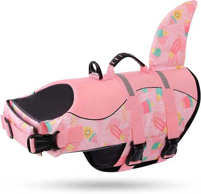 Queenmore Dog Life Jacket High Flotation, Reflective Dog Life Vests for Swimming, Adjustable Dog Life Preserver Rescue Handle Spring Summer Pool for Small, Medium, Large Dogs (Pink Ice Cream,XXL)