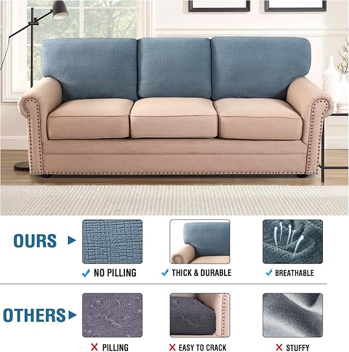 H.VERSAILTEX Jacquard Individual Couch Cushion Covers Stretch Sofa Covers for 3 Cushion Couch Anti-Slip Furniture Protector Soft Thickened Slipcovers Crizzle Pattern(3 Back Covers, Stone Blue)