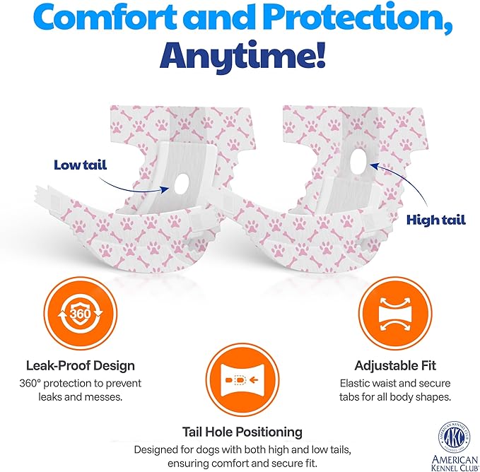 American Kennel Club Female Dog Wrap, Disposable Diapers with Wetness Indicator (L – Low Tail (18–27 in), 50, Count)