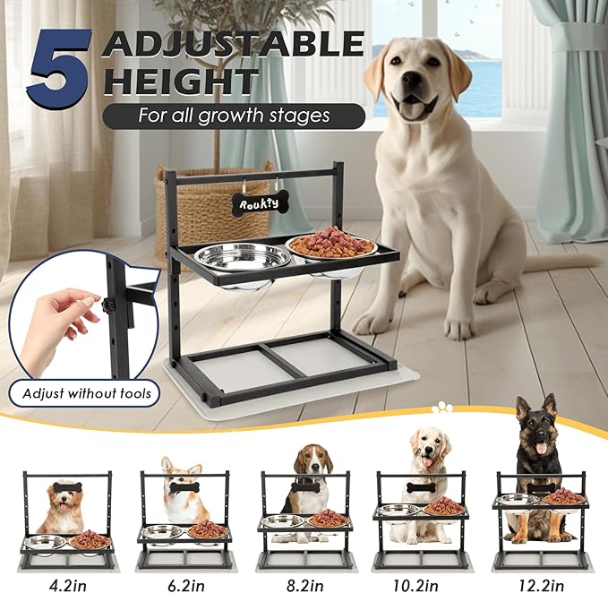 Elevated Dog Bowls with Slow Feeder, 5 Adjustable Heights, Anti-Slip, Durable Metal Frame, Spill Proof Mat, Rust-Resistant Bowls, Easy to Clean