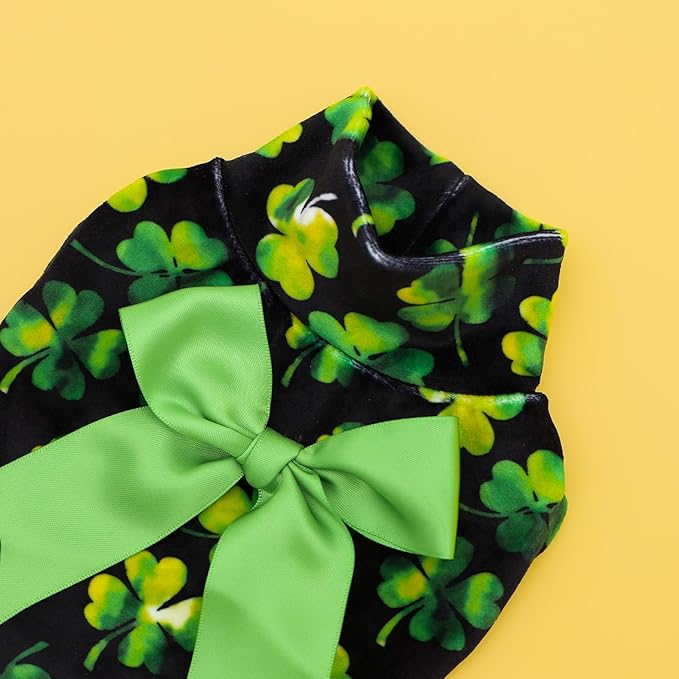 CuteBone Turtleneck Dog Velvet Dress St. Patrick's Day Four Leaf Clover Puppy Skirt Costume Pet Clothes Cat Apparel with Bow Hair Rope for Small Dogs CVD20S