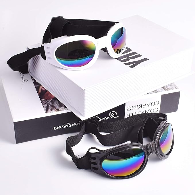 JIABEIUS 2 Pcs Dog Goggles, Dog Sunglasses Adjustable Strap for Waterproof Windproof UV Protection, Pet Sunglasses for Go Out Travel Skiing Swim (Black and White)