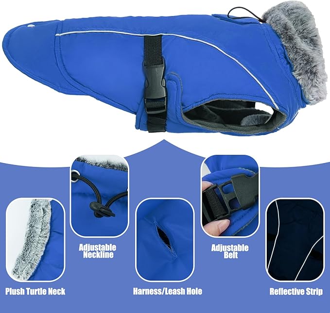 DENTRUN Winter Warm Dog Coat Reflective Jacket with Turtleneck for Cold Weather, Adjustable Buckle Windproof Water Repellent, Thick Snowsuit Fleece Vest for Small, Medium, Large Dogs, Blue, XXL