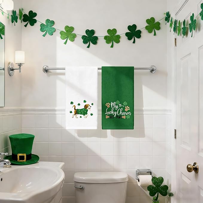 Whaline St. Patrick's Day Hand Towels Embroidered Cotton Bathroom Towel Dog Shamrock Clover Absorbent Bath Towel for Kitchen Dish Drying Cleaning Cooking, 29.5 x 13.7 Inch, 2Pcs