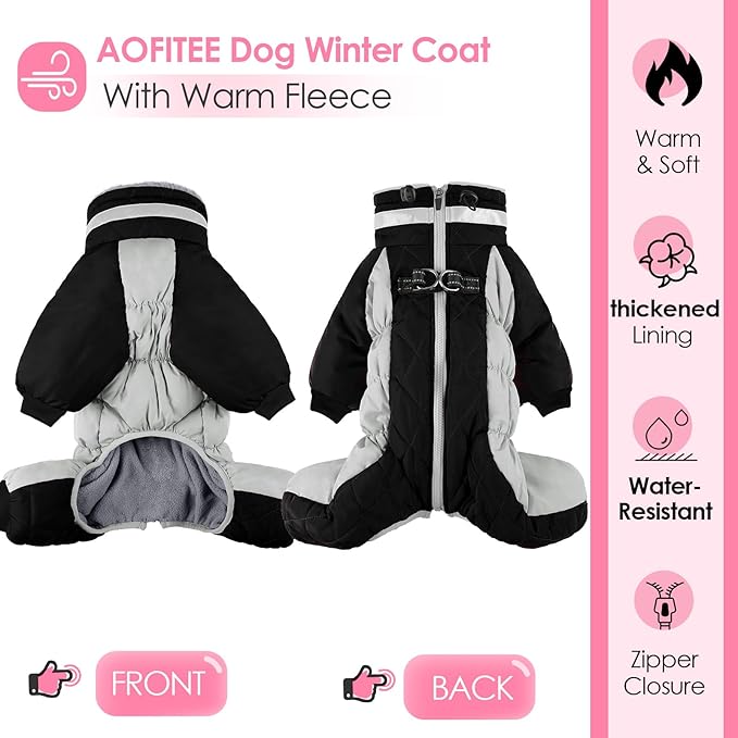 AOFITEE Small Dog Coat Warm Dog Jacket Winter, Windproof Dogs Winter Coat with Harness Built in, Reflective Turtleneck Dogs Puffer Jacket Snowsuit, Full Body Fleece Coats for Small Medium Large Pet