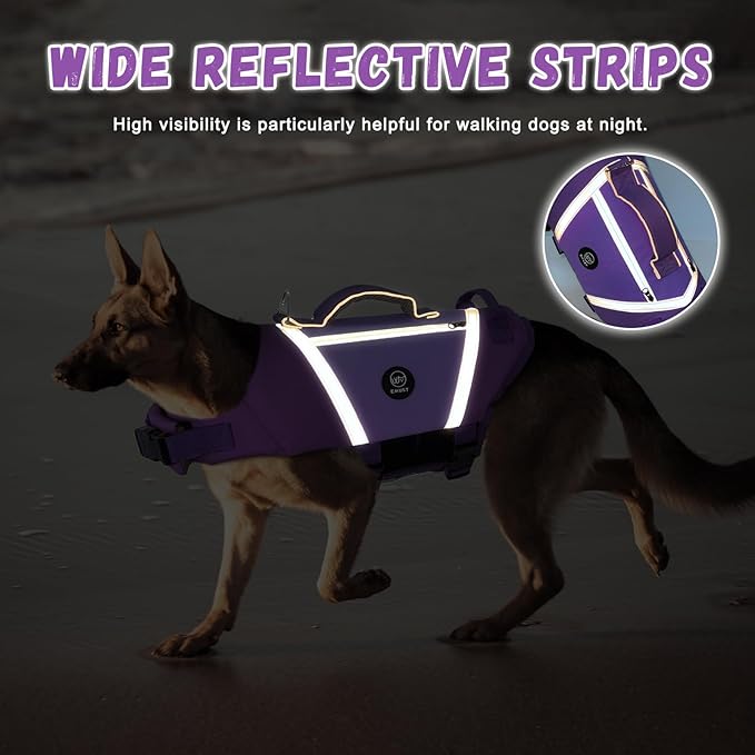 EMUST Dog Life Vest, Lightweight Life Jacket for Dogs with Pockets, Stylish Dog Life Preserver with Rescue Handle & Reflective Stripes for Swimming, Boating, Kayaking, Purple, XS
