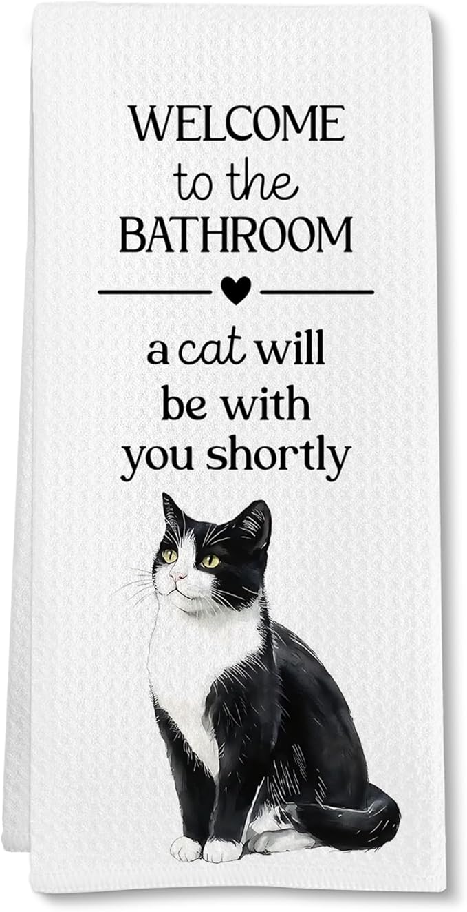 Funny Tuxedo Cat Hand Towels, Funny Tuxedo Cats Gifts for Cats Lovers Women Hand Towel, A Cat Will Be with You Shortly Decorative Towel for Bathroom, Cute Kitty Bathroom Decor, 16x24in
