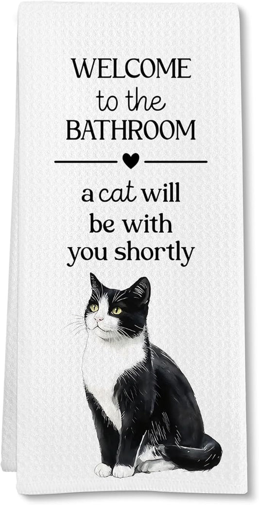 Funny Tuxedo Cat Hand Towels, Funny Tuxedo Cats Gifts for Cats Lovers Women Hand Towel, A Cat Will Be with You Shortly Decorative Towel for Bathroom, Cute Kitty Bathroom Decor, 16x24in