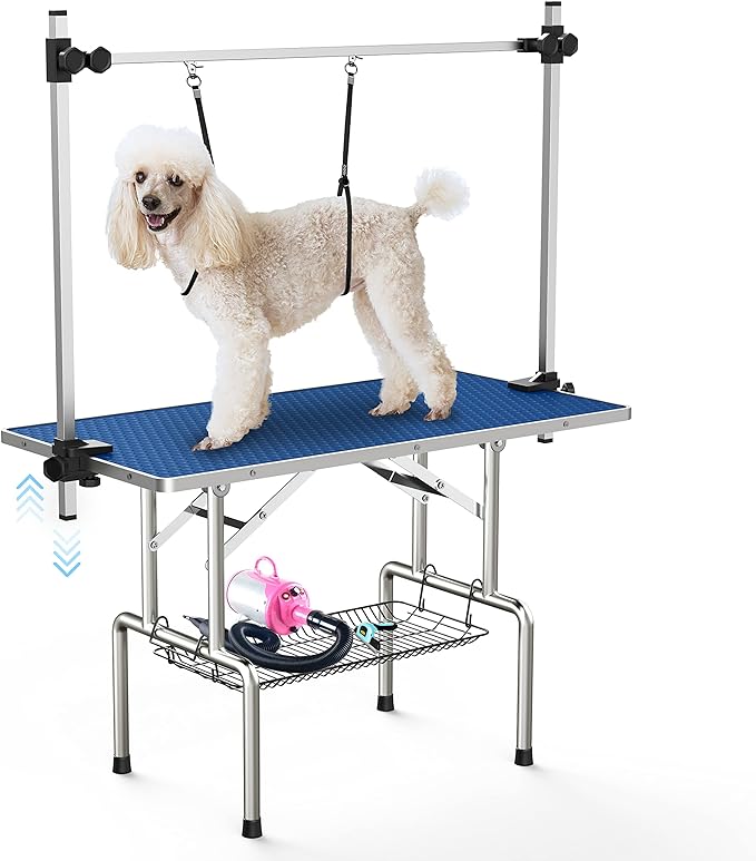 Lyromix 46''Large Dog Grooming Table, Adjustable Cat Drying Desktop with Arms, Nooses, Mesh Tray, Foldable Pet Station at Home, Maximum Capacity Up to 330Lb, 46inch, Blue