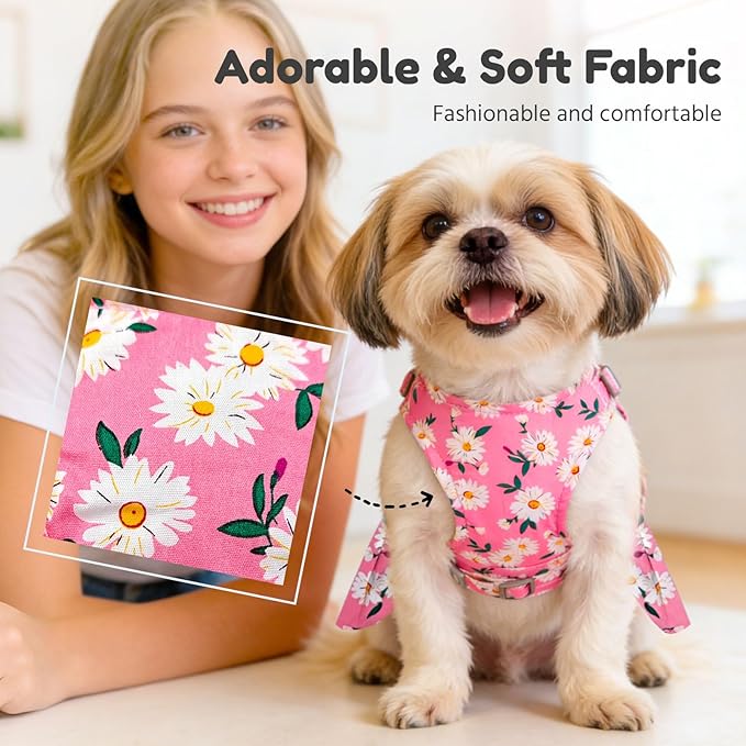 BAEJMJK Dog Dress Bowknot Harness Leash Set for Small Dogs Cats Daisy Floral Girl Dog Dresses Cute Puppy Princess Clothes Pet Doggy Outfits Spring Summer Breathable Dresses(Pink,Small)