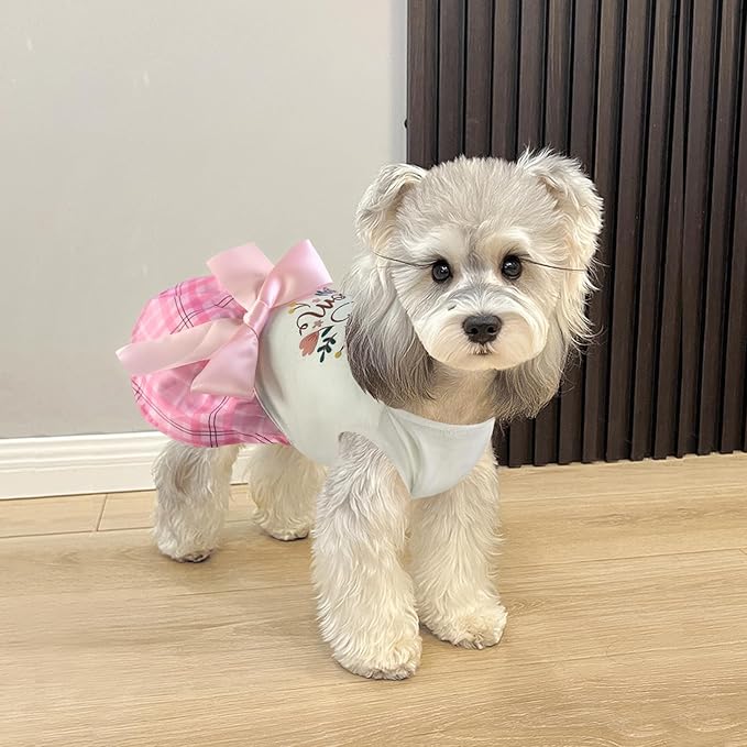 Idepet Dog Dress Love You Mom, Mother's Day Dog Dresses Puppy Skirt Pet Apparel Daisy Sleeveless Holiday Clothes for Small Dogs Girls and Cats, Pink Plaid, Small