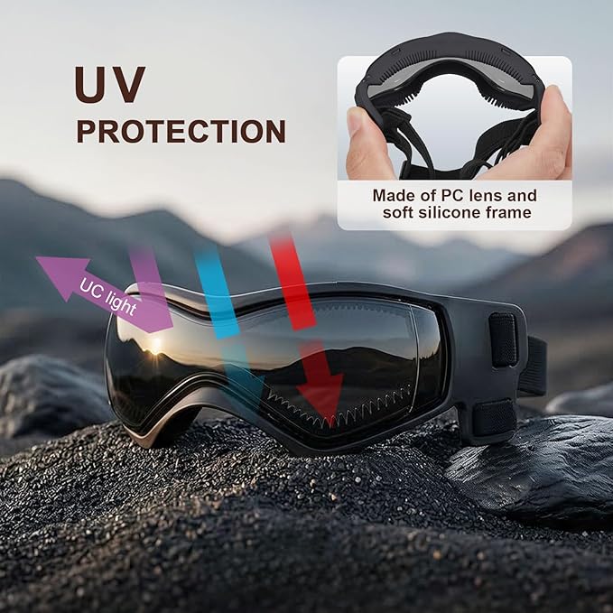 Goggles for Dogs, Ownpets Dog Glasses UV Protection Goggles Snow Protection Wind Protection Dust Protection with Adjustable Strap (Black, Medium)