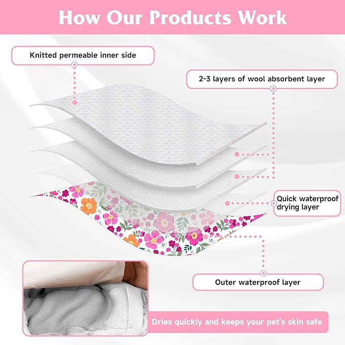 4 Pack Reusable Female Dog Diaper, Highly Absorbent Doggie Diapers for Female Dogs, Dog Diaper Medium, Flowers