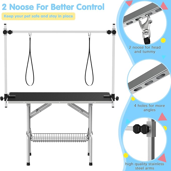 Lyromix 42''Large Dog Grooming Table, Adjustable Cat Drying Desktop with Arms, Nooses, Mesh Tray, Foldable Pet Station at Home, Maximum Capacity Up to 330Lb, 42inch, Black