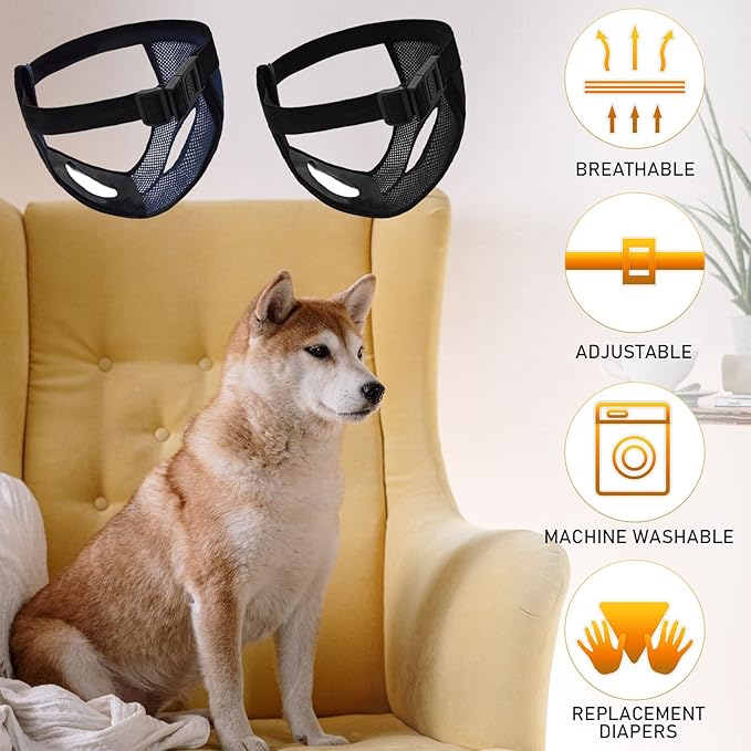 BLMHTWO 2PCS Dog Pants Dog Nappies, Dogs Period Pants with 6PCS Washable Female Dogs Season Pants Adjustable Protective Trousers for Female Puppy in Heat Monthly, Black, Blue
