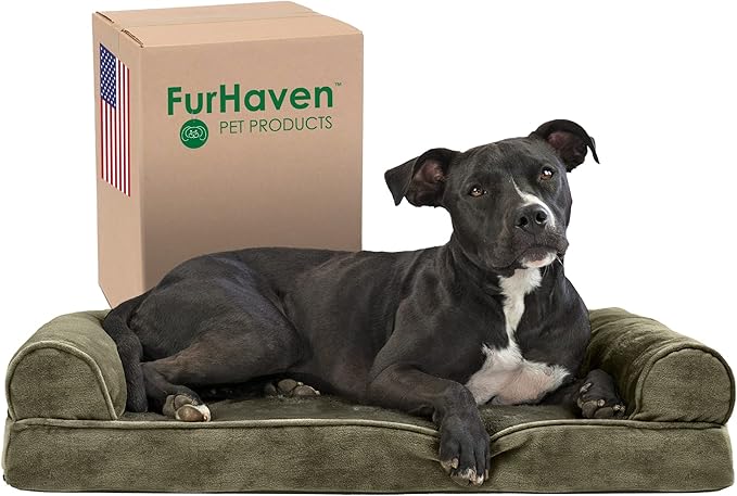 Furhaven Memory Foam Dog Bed for Medium/Small Dogs w/ Removable Bolsters & Washable Cover, For Dogs Up to 35 lbs - Faux Fur & Velvet Sofa - Dark Sage, Medium
