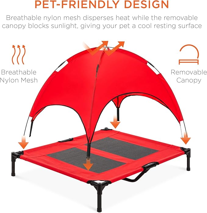 Best Choice Products 36in Elevated Cooling Dog Bed, Outdoor Raised Mesh Pet Cot w/Removable Canopy Shade Tent, Carrying Bag, Breathable Fabric - Red