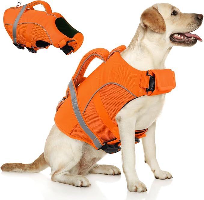 Queenmore Small Dog Life Jacket, Adjustable Ripstop Dog Life Vest for Swimming Boating, Doggy Lifesaver with Superior Buoyancy and Rescue Handle, Pet Swimming Vest for X-Small Dogs（Orange,XS）
