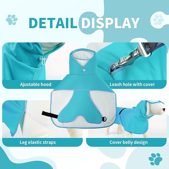 Dog Raincoat, Waterproof Windproof Dog Rain Jacket with Hood, Rain Coat with Leash Hole, Adjustable Raincoat Poncho for Small Medium Large Dogs Outdoor (Blue, L+)