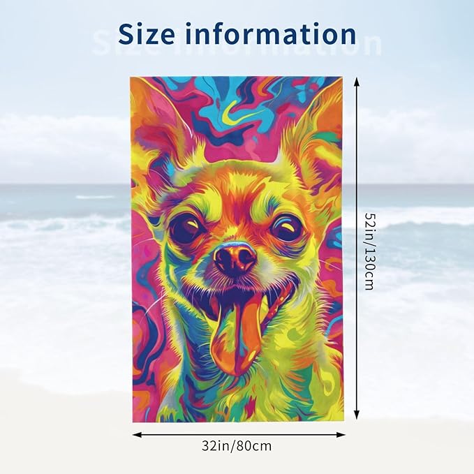 Colorful Chihuahua Beach Towel Dog Sand-Free Microfiber Bath Towel Ultra Soft Quick Dry Pool Towel Absorbent Towel Lightweight Towel Gifts for Outdoor Bathroom Swimming Decor 31inx51in