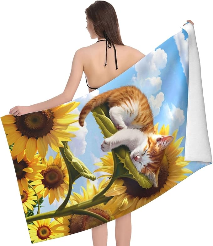 Sleeping Cat Beach Towel,32x52in Microfiber Quick Dry Cute Kitten Sunflower Bath Towels,Soft Lightweight Oversized Sand Free,for Travel Pool Swimming Gym Decor,Gifts