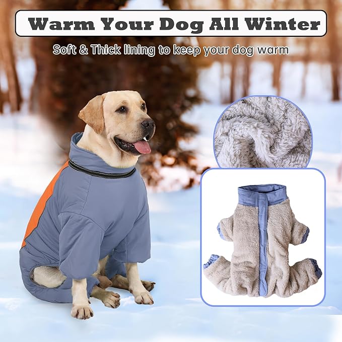 Dogs Thick Feece Lining Jackets Zip Up 4-Legged Winter Snowsuit with Harness, Outdoor Reflective Windproof Warm Jacket for Dog, HazeBlue,14