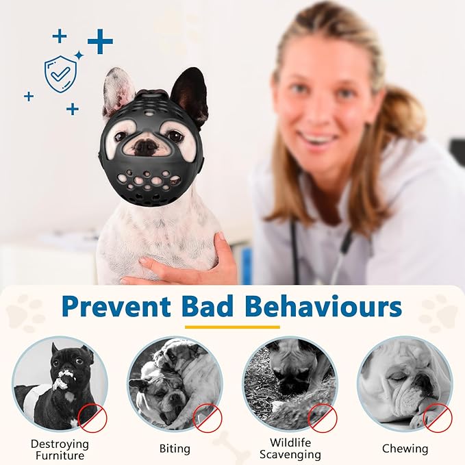 BARKLESS Short Snout Dog Muzzle, Soft Silicone Flat Faced Muzzle for French Bulldog Shih Tzu and Pug for Biting Chewing Licking and Grooming, Allows Panting
